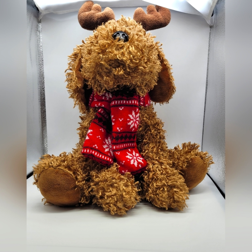 DanDee Toys Dog With Antlers Labradoodle Plush Brown Christmas Holiday Red Bow